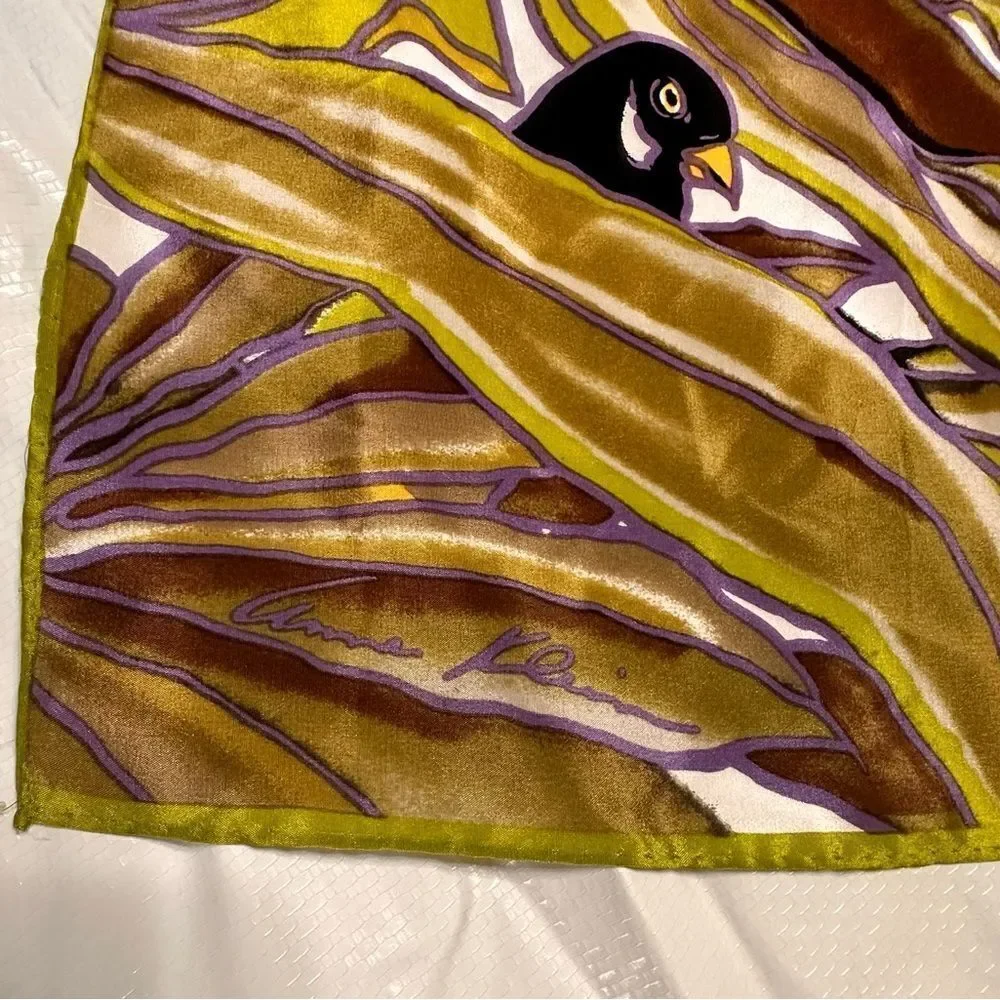 Vtg 80s Anne Klein for Vera Neumann Silk Tropical Birds Rectangular neck Scarf